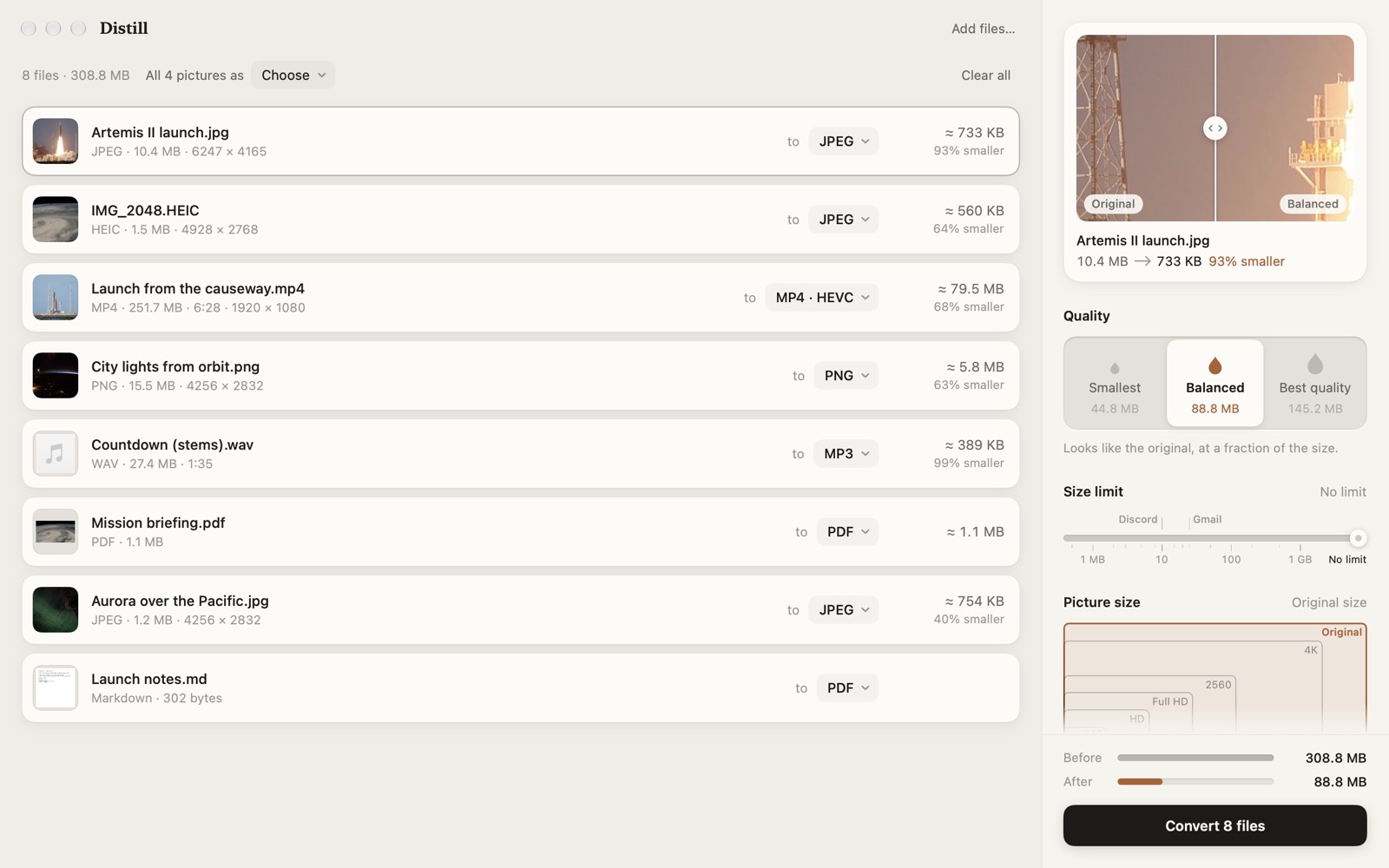 Distill with eight files: photos, a video, a sound file, a PDF and a document, each showing its size after converting