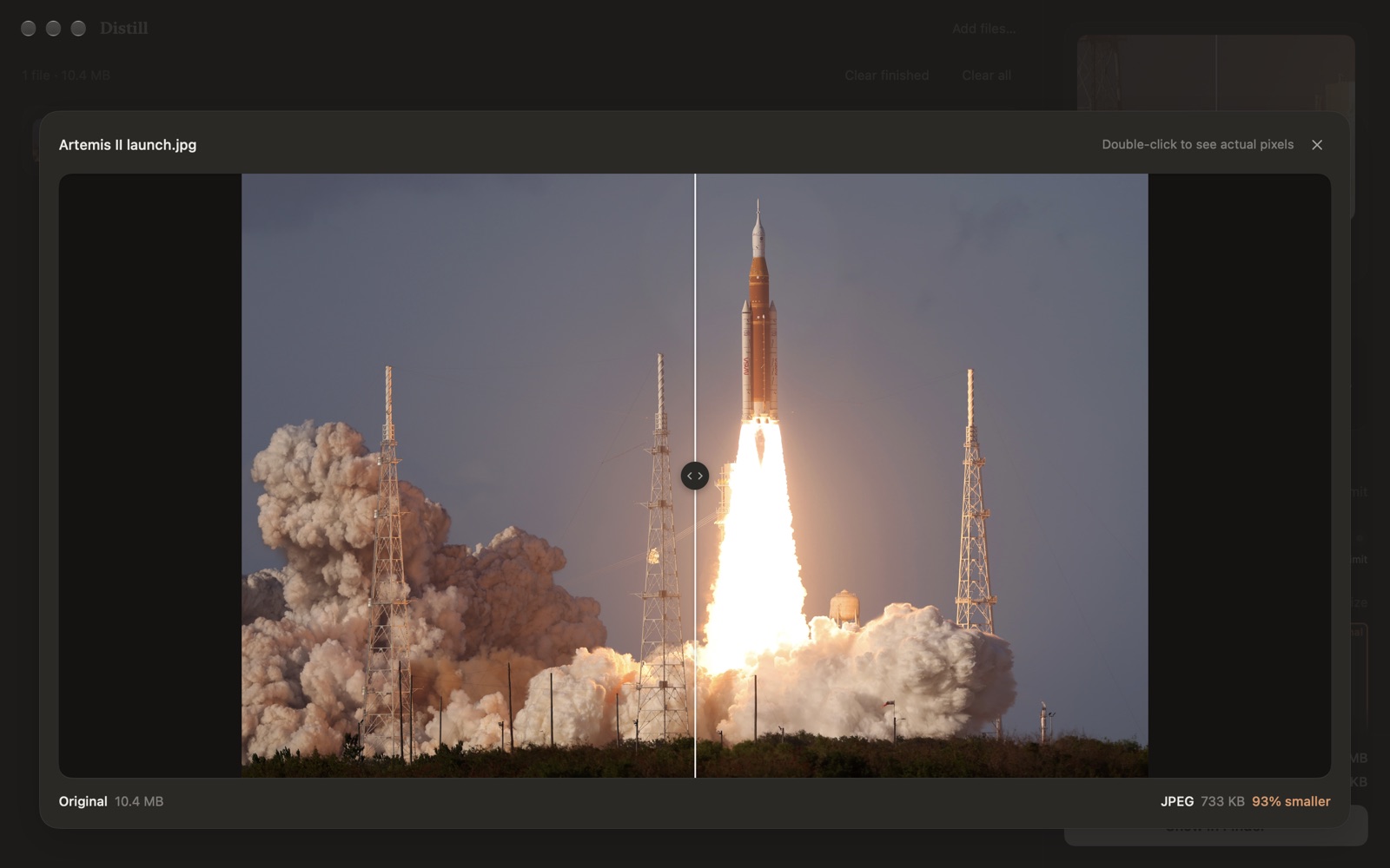 Comparing the original photo with the compressed one, split by a handle