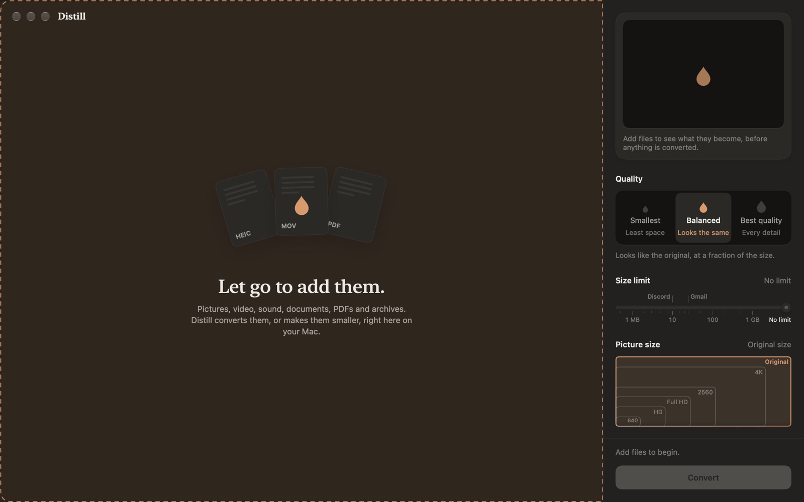 The empty Distill window in dark mode while files are dragged over it